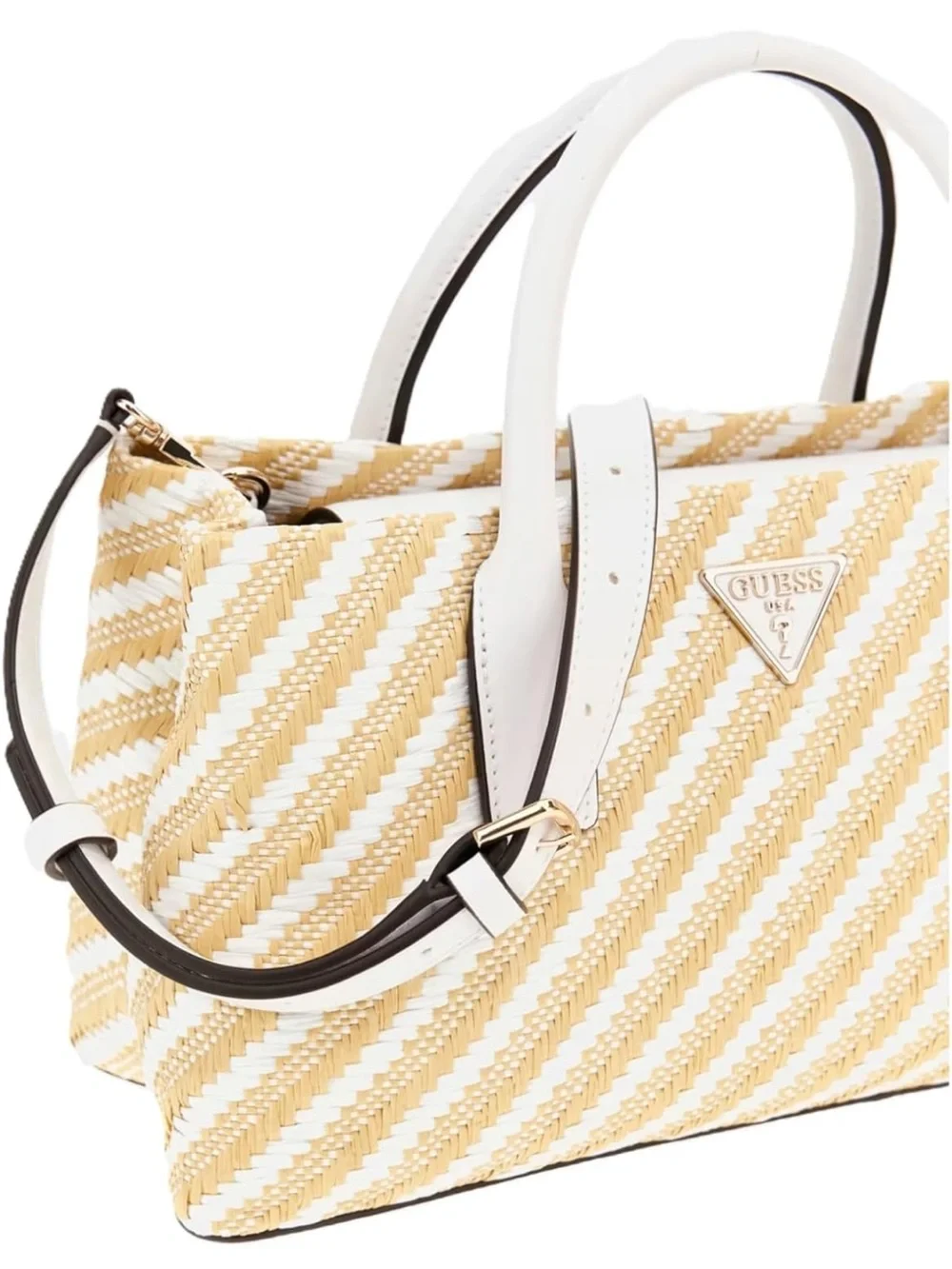 GUESS White & Beige Diagonal-Stripes Satchel with Gold Hardware